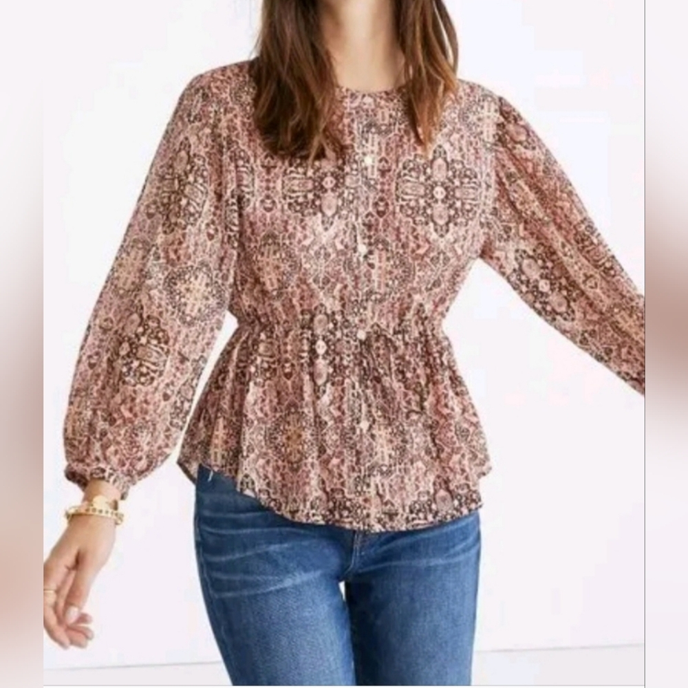 Madewell Shirt Size Large Kaleidoscope Print Drawstring Waist Boho Peasant Style
